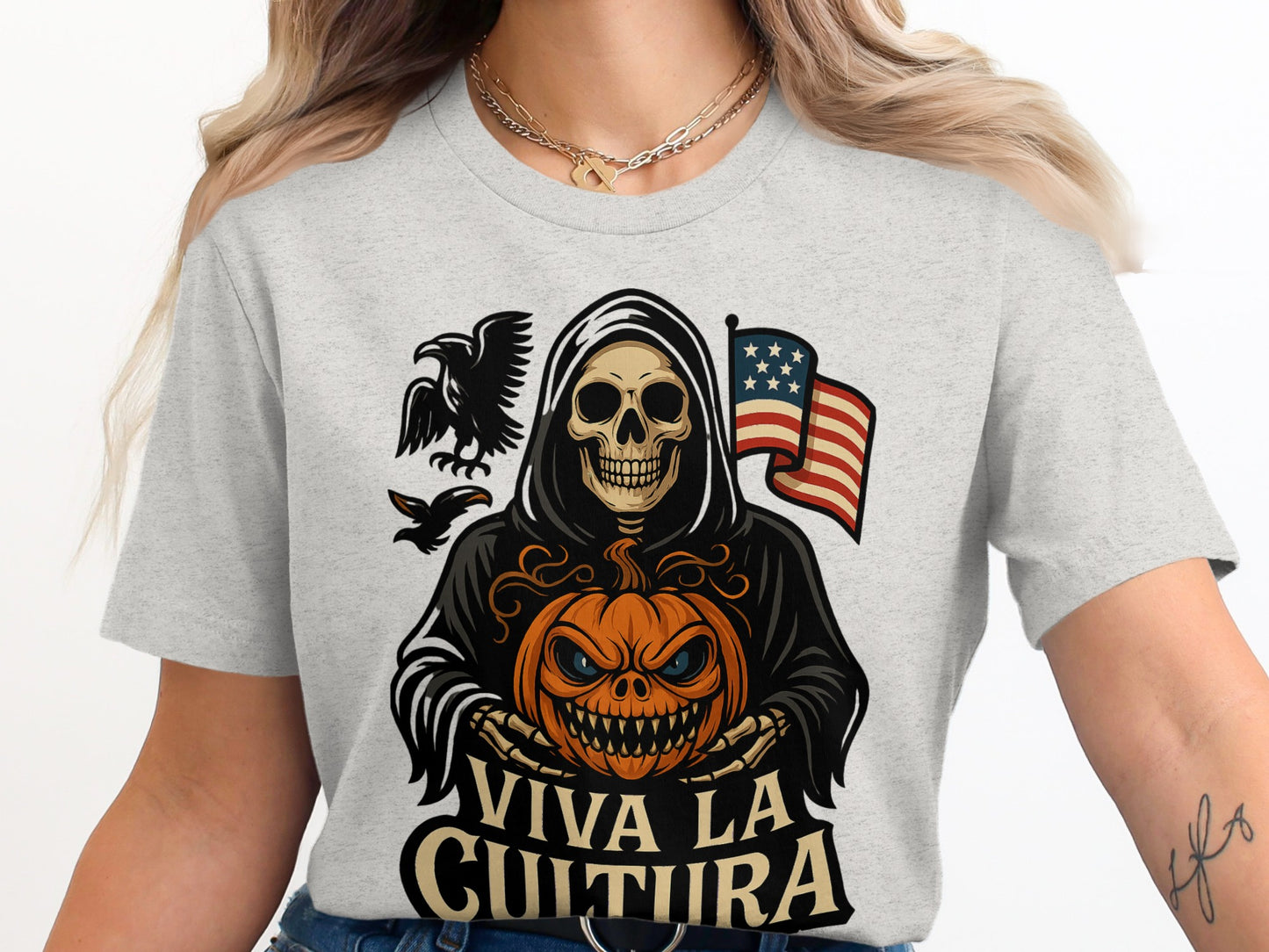 Halloween Skull and Pumpkin Artwork Tee product type