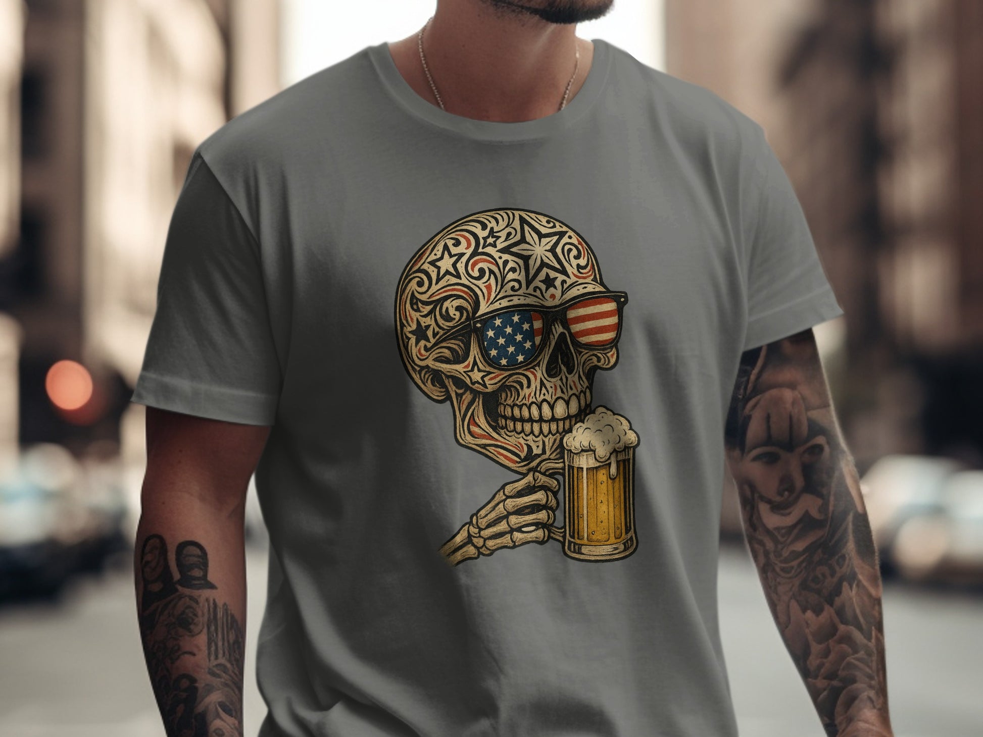 American Flag Skull with Beer Graphic T-Shirt product