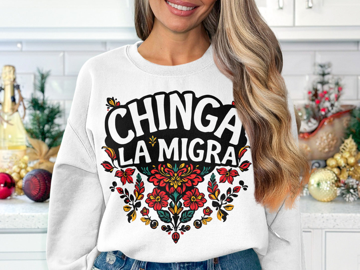 Chinga La Migra Sweatshirt with Colorful Floral Product type