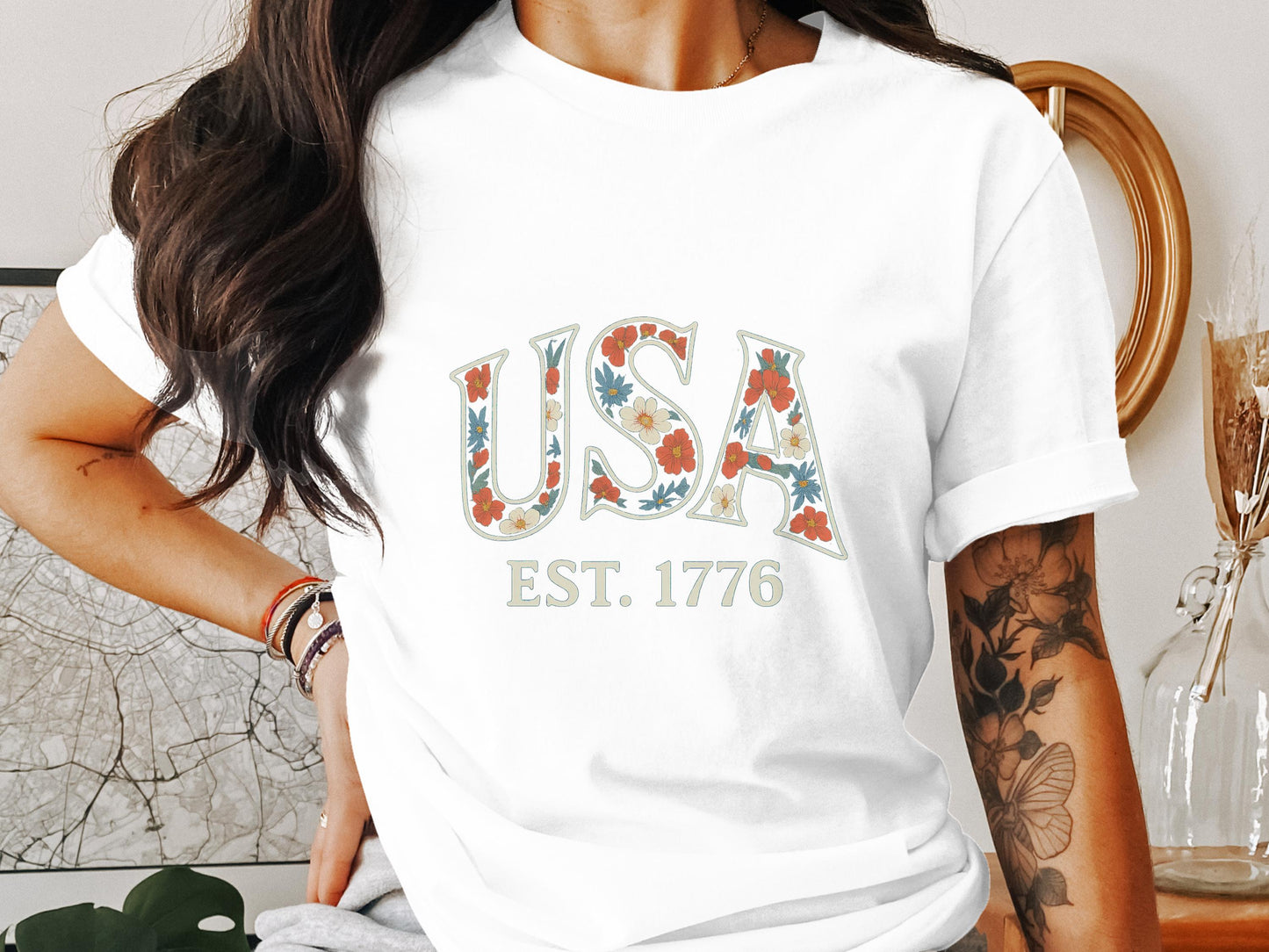 USA EST. 1776 Floral Design Graphic T-shirt product type