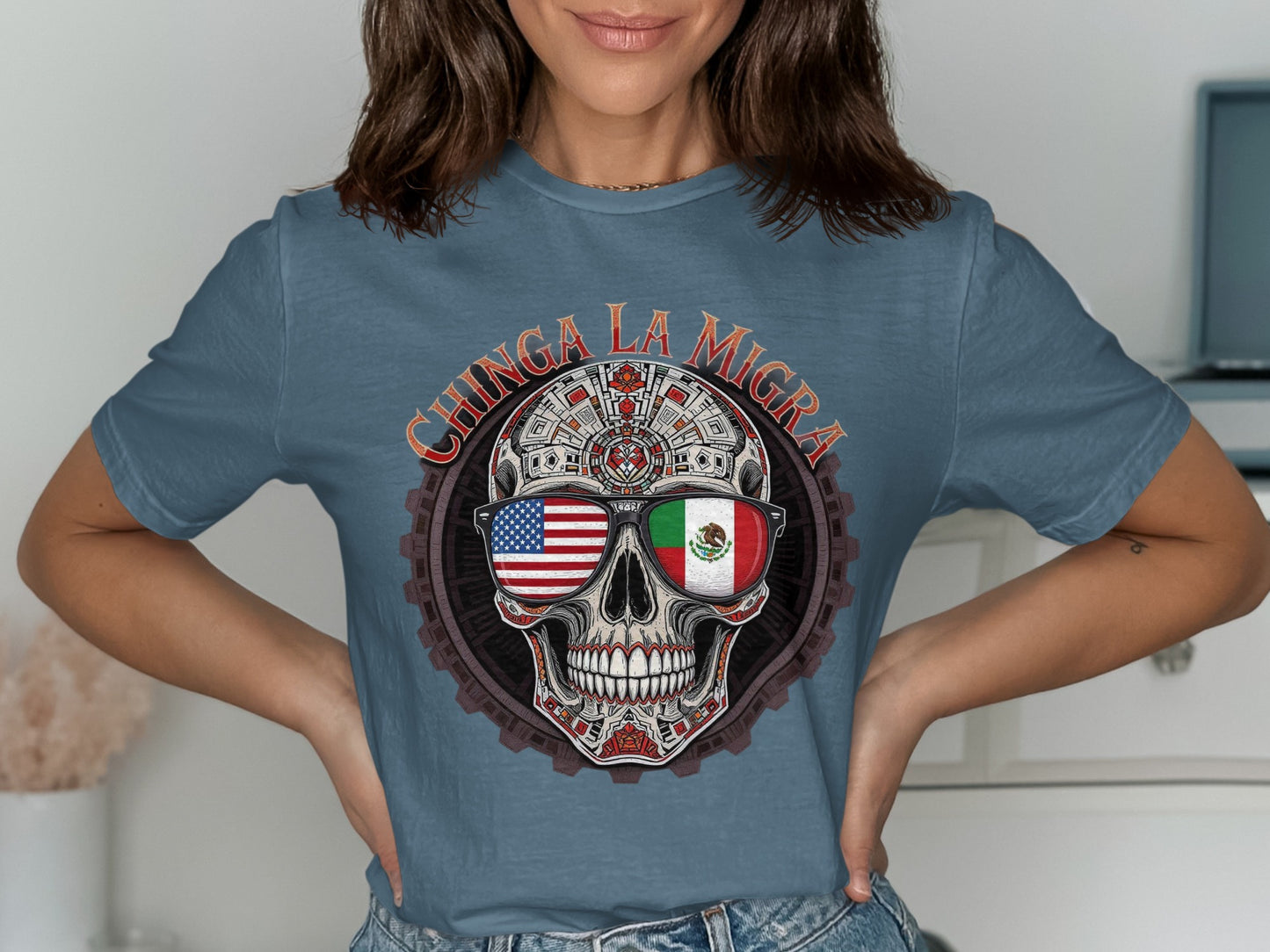 Chinga La Migra Graphic Skull T-Shirt product
