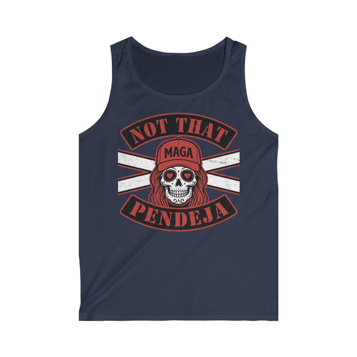 Tank top with skull wearing a MAGA hat, text "NOT THAT MAGA PENDEJA".