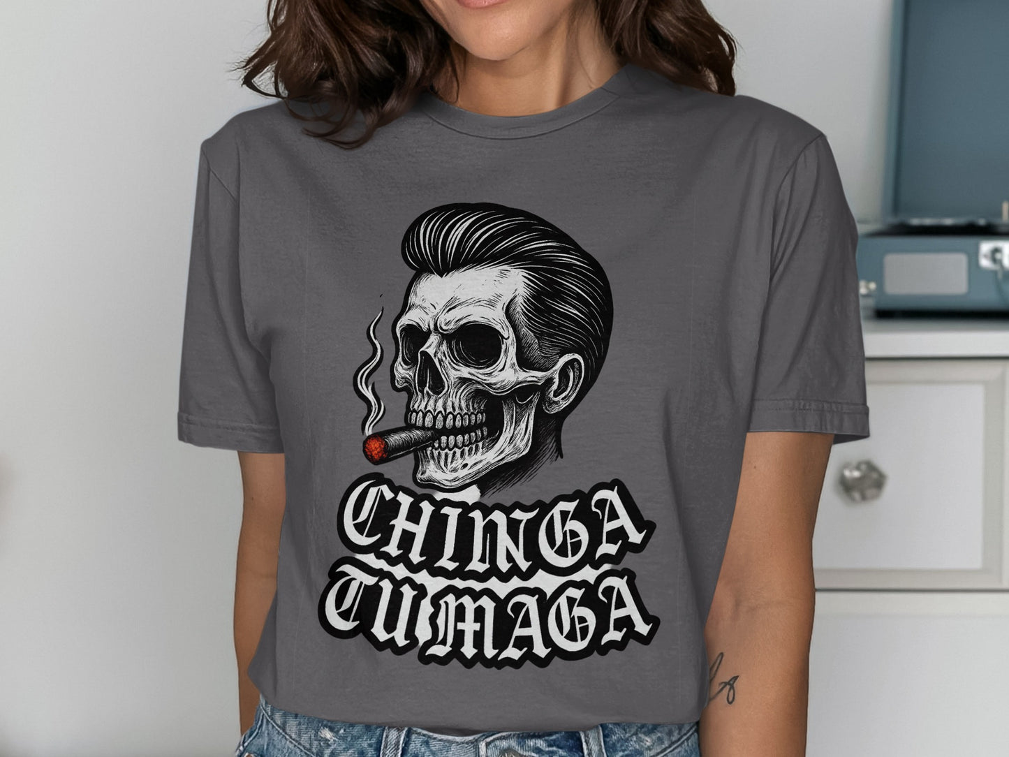Edgy Skull Design Chinga Tu Maga Statement Shirt product