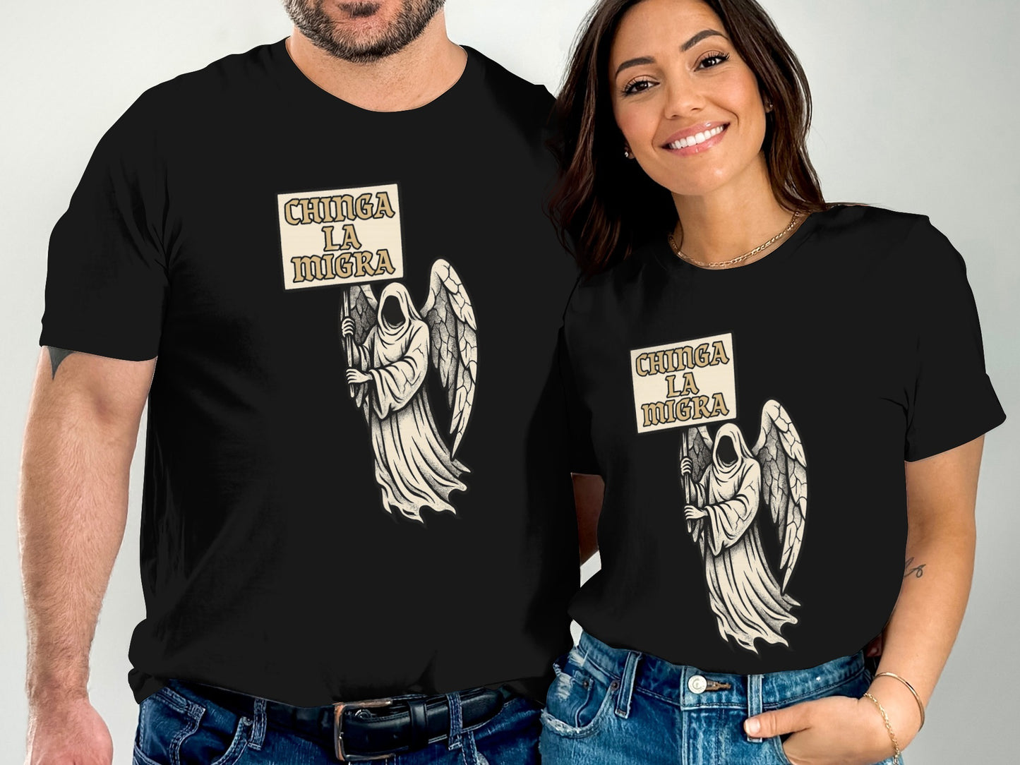 Chinga La Migra Text and Grim Reaper Graphic Shirt Product
