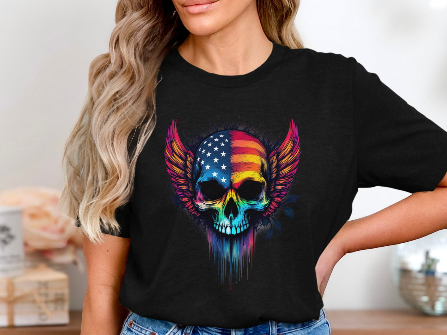 Colorful Patriotic Skull with Wings Black T-shirt product