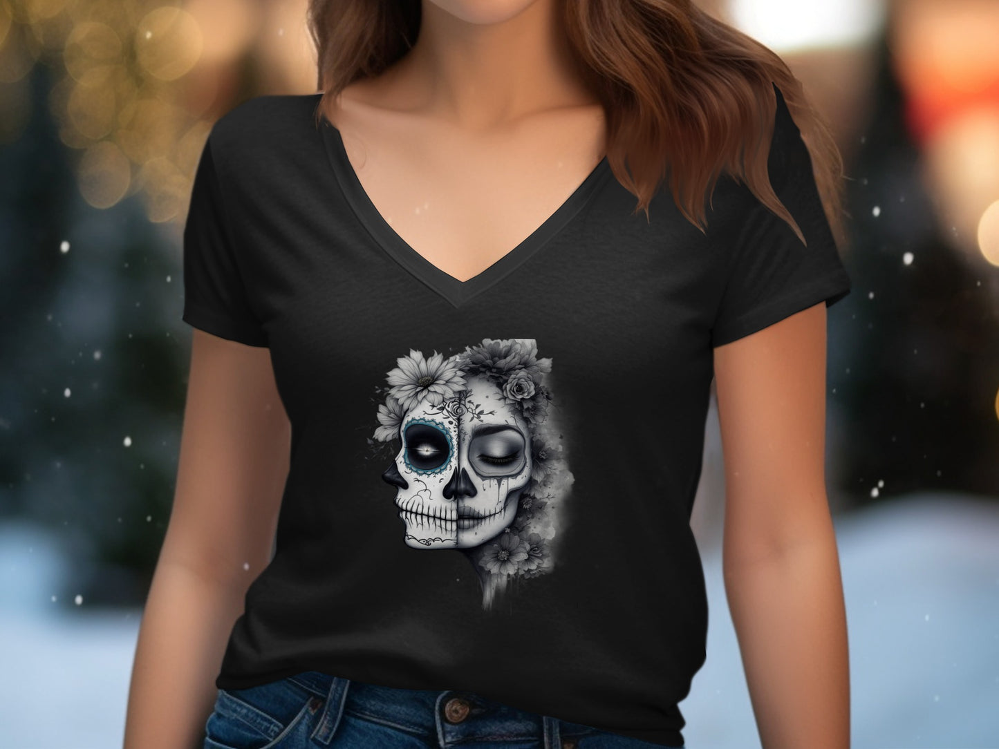 Beautiful Floral Skull Design V Neck T Shirt product type