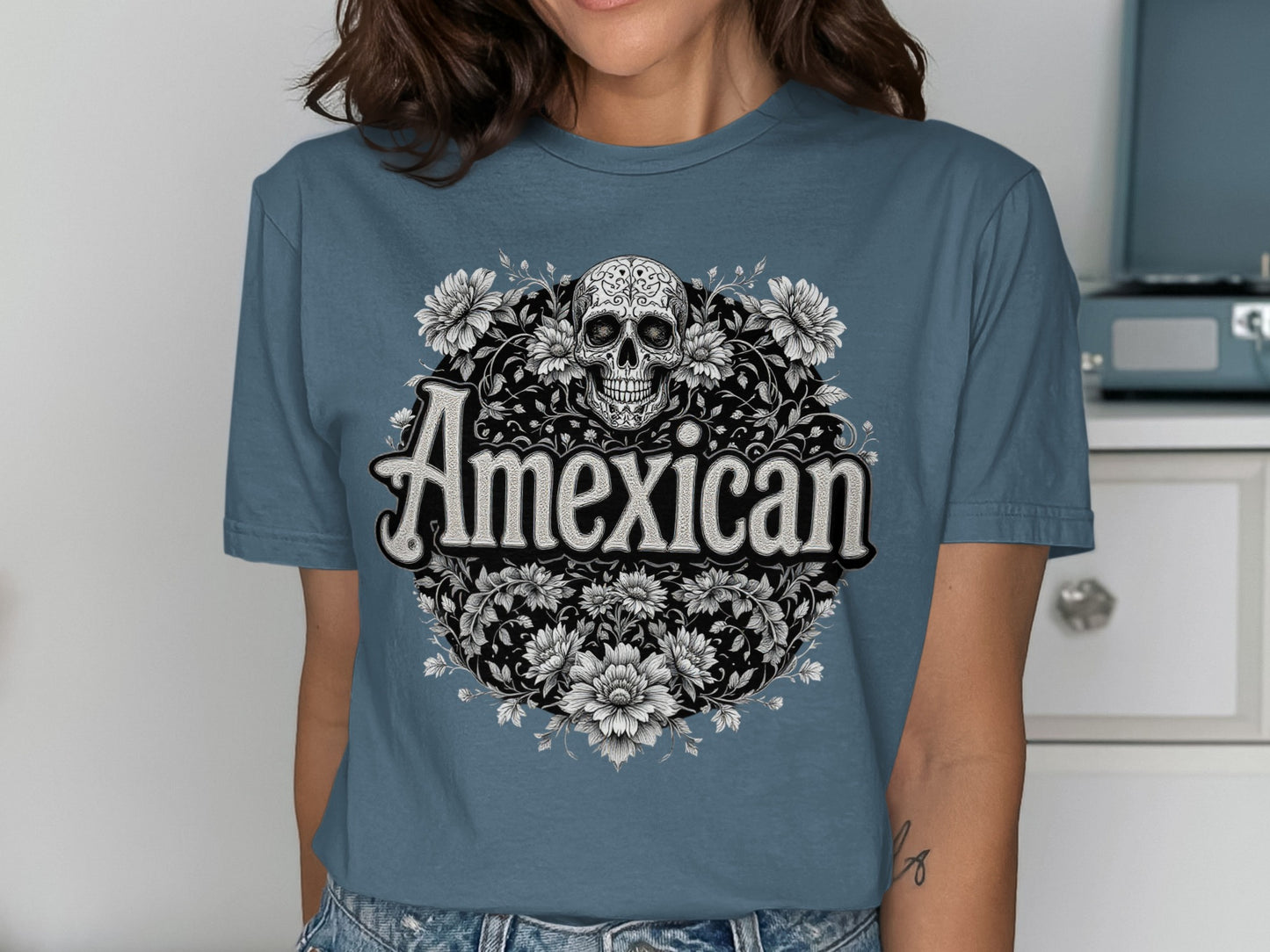 Amexican Skull and Flower Graphic Tee product