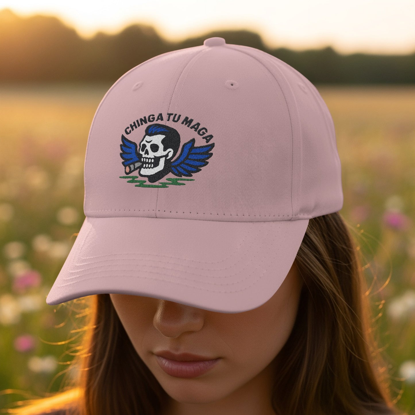 Chinga Tu Maga Skull with Wings Pink Hat product