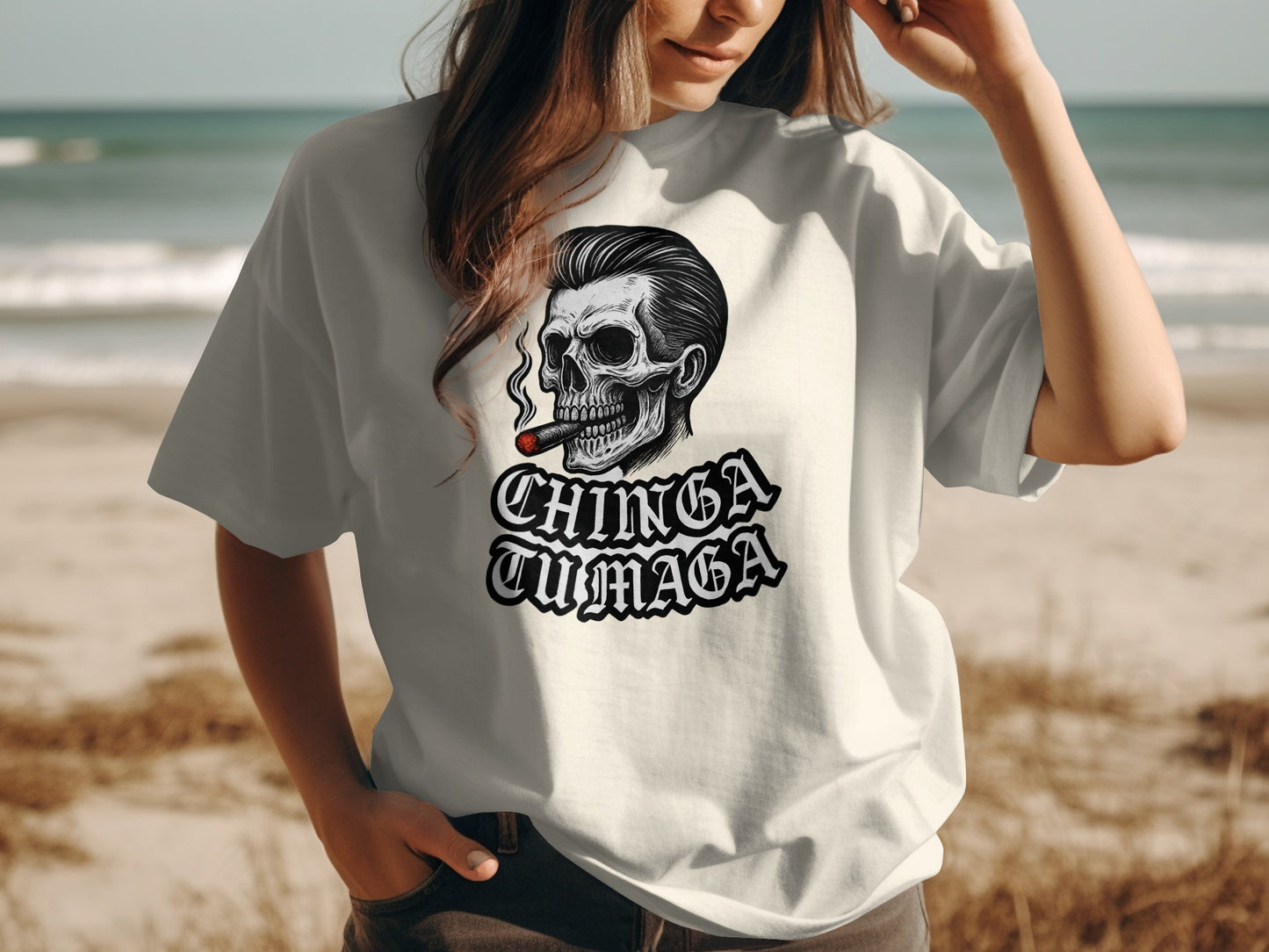 Edgy Skull and Smoke Chinga Tu Maga Graphic T-Shirt Product