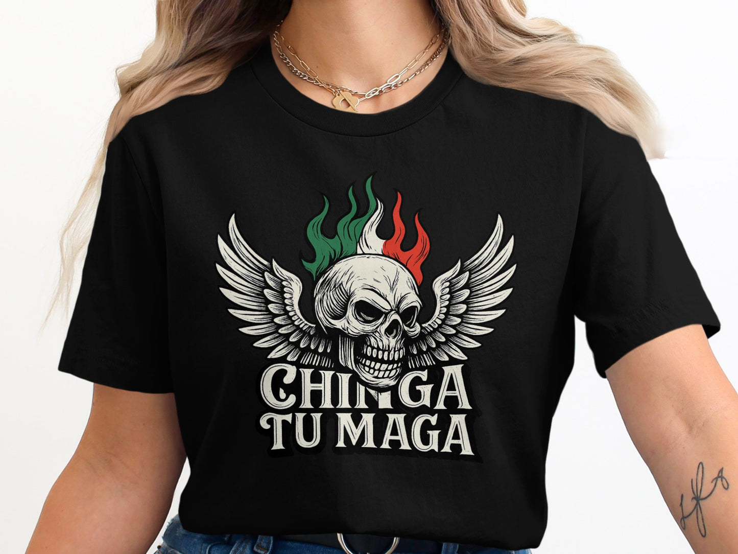 Colorful Skull with Wings Chinga Tu Maga T-Shirt product