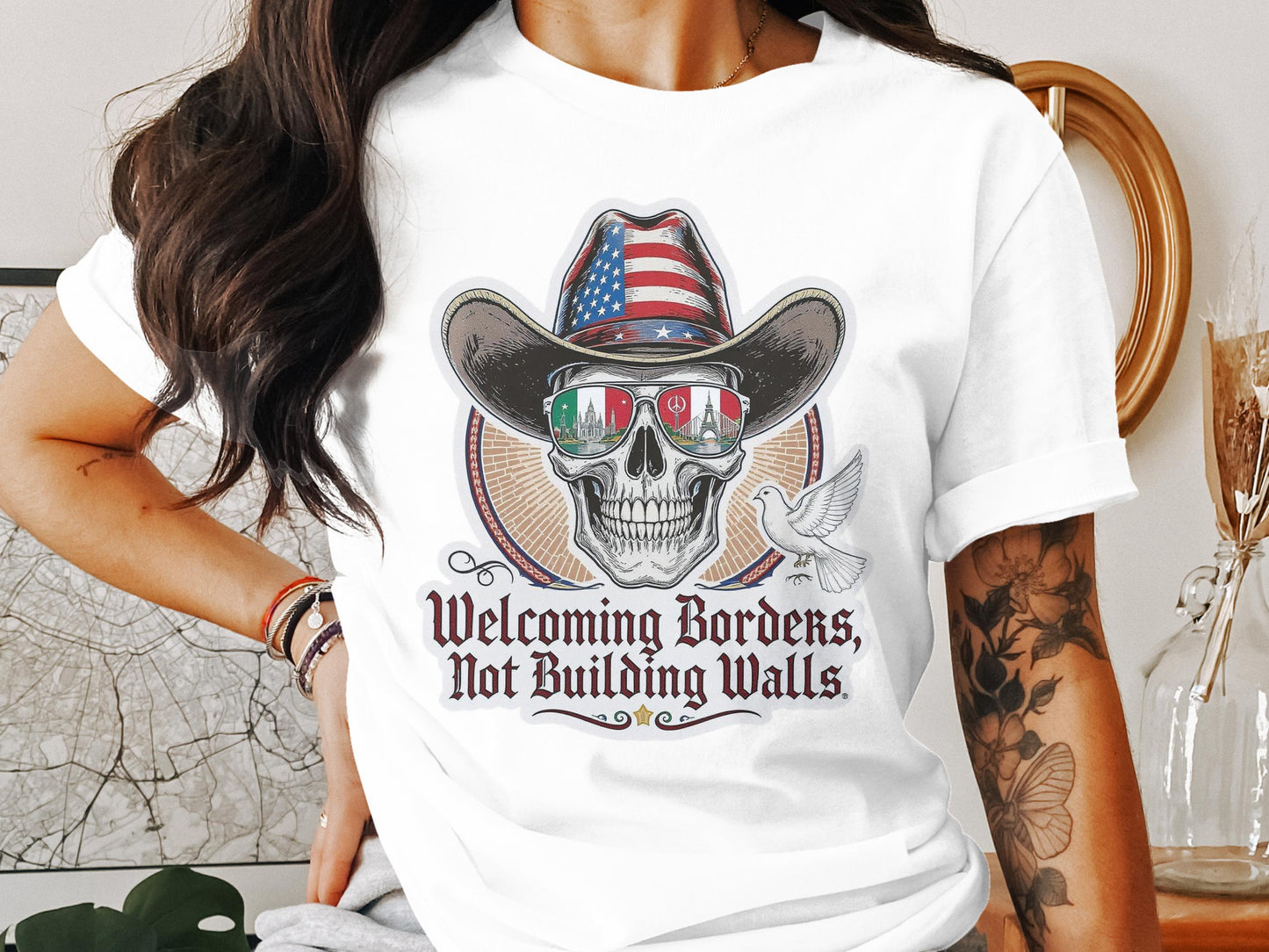 Welcoming Borders Not Building Walls Skull T-Shirt product