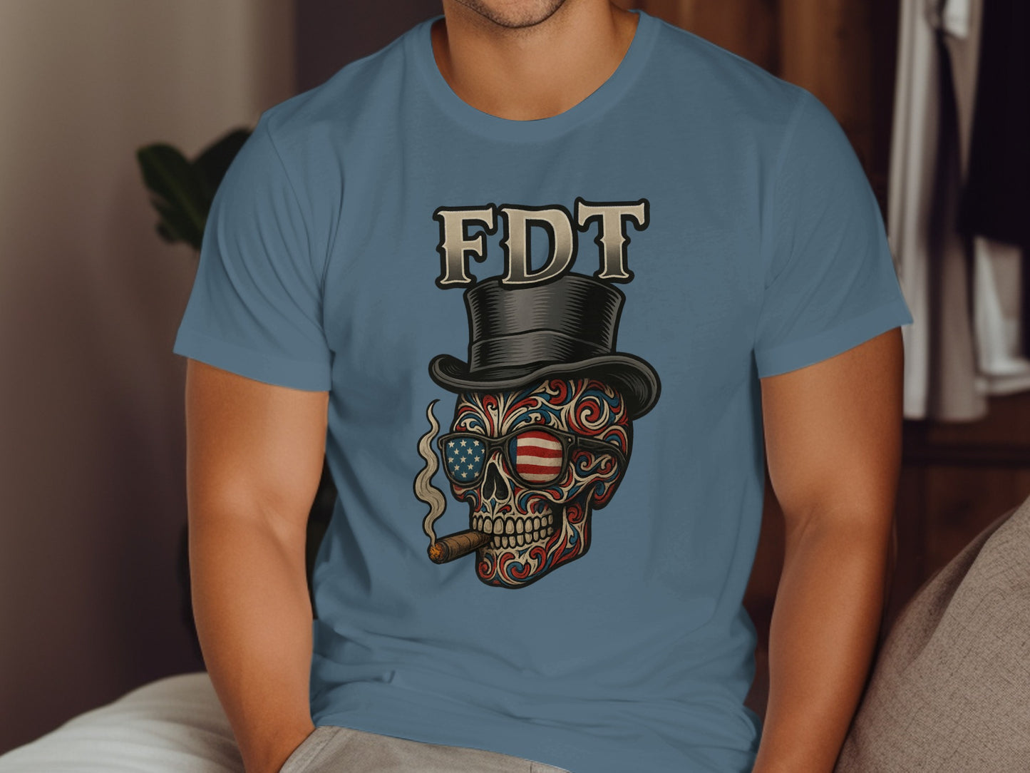 Patriotic Skull with Top Hat and Cigar Graphic T-shirt