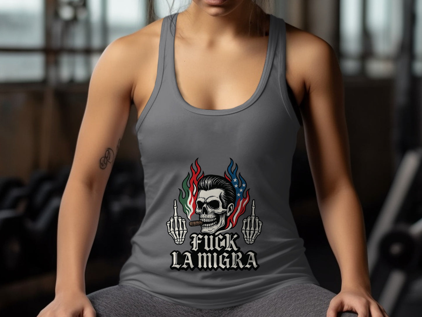 Bold Fuck La Migra Skull Graphic Top product