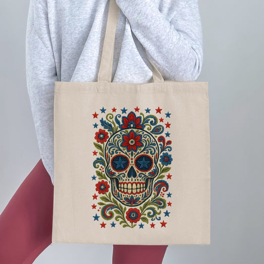 Colorful Embroidered Sugar Skull Design Tote Bag