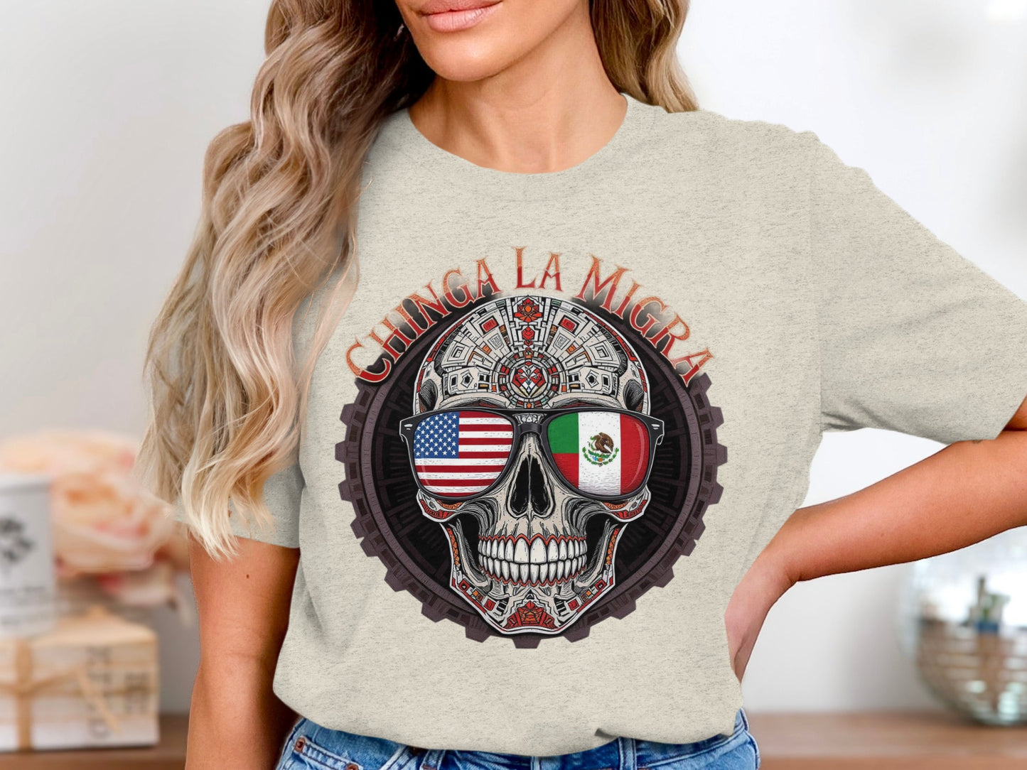 Chinga La Migra Skull Design Tee Unique Stylish product type