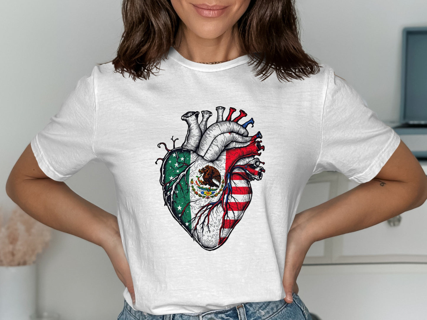 Stylish Mexican and American Flag Heart T-shirt product