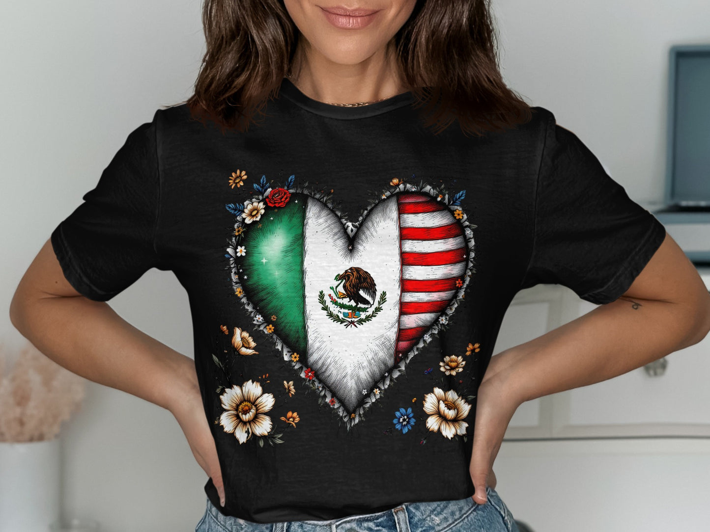 Mexican Flag Heart Design Unique Graphic T-Shirt Product