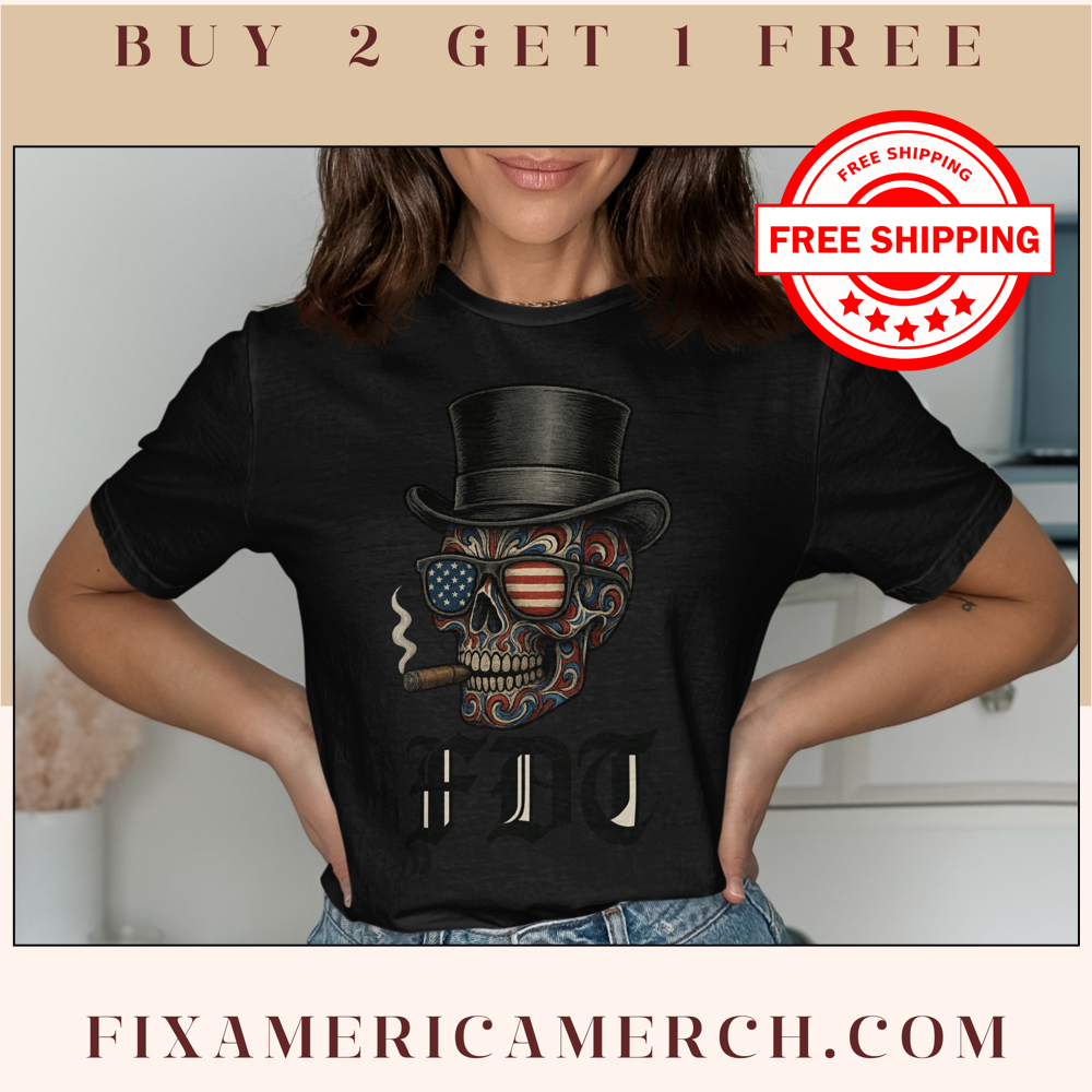 Patriotic Skull USA Themed Top Hat Graphic Tee product type