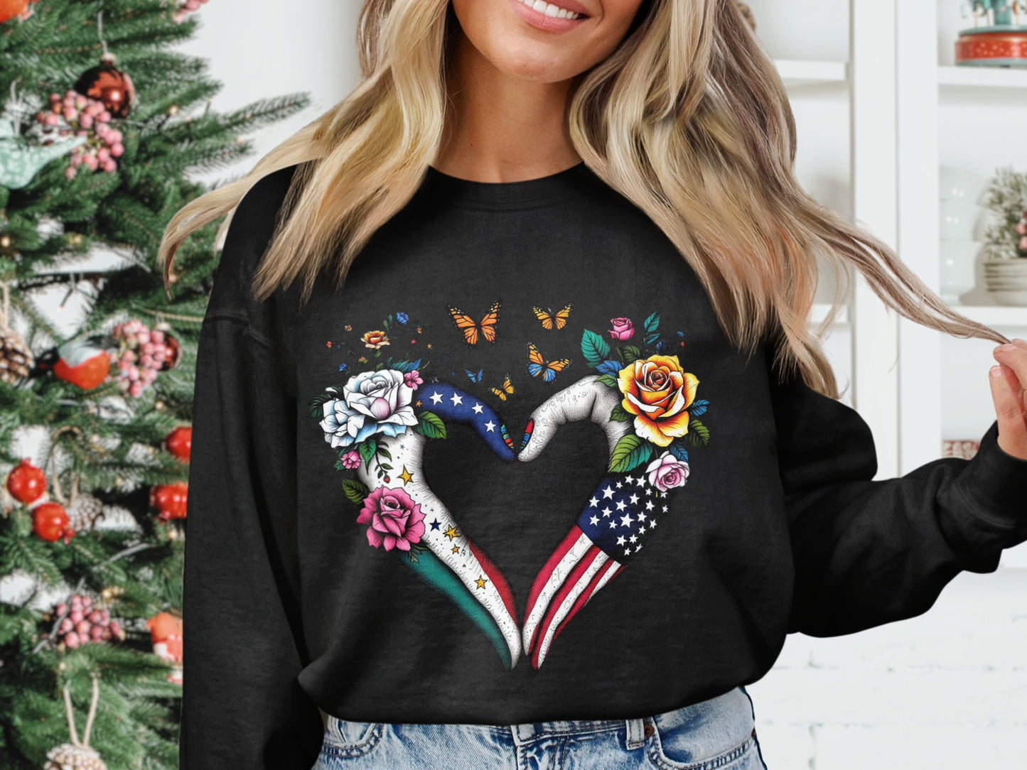 USA Flag and Floral Heart Artistic Sweatshirt product