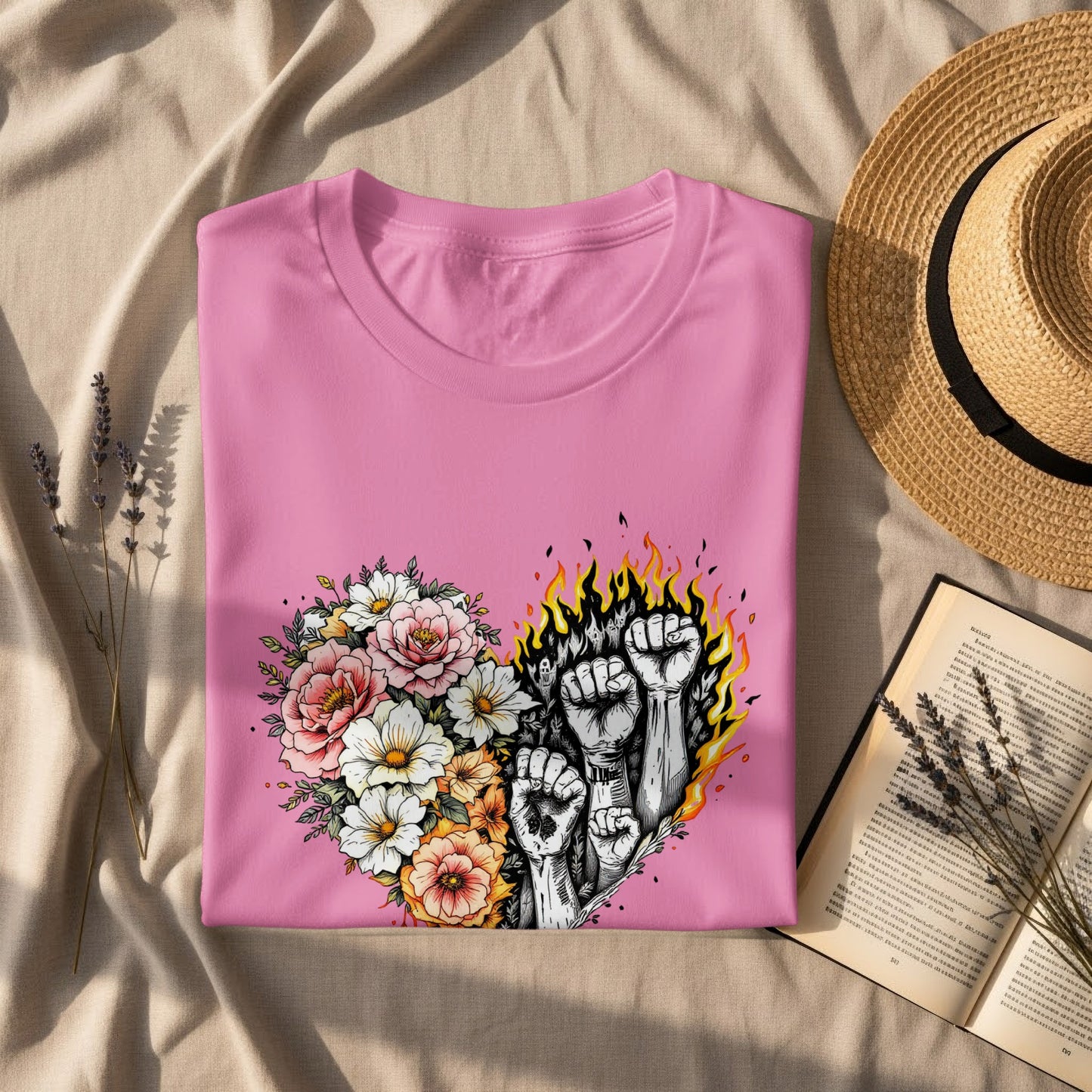 Floral and Fire Design Pink Graphic T-shirt Product Type