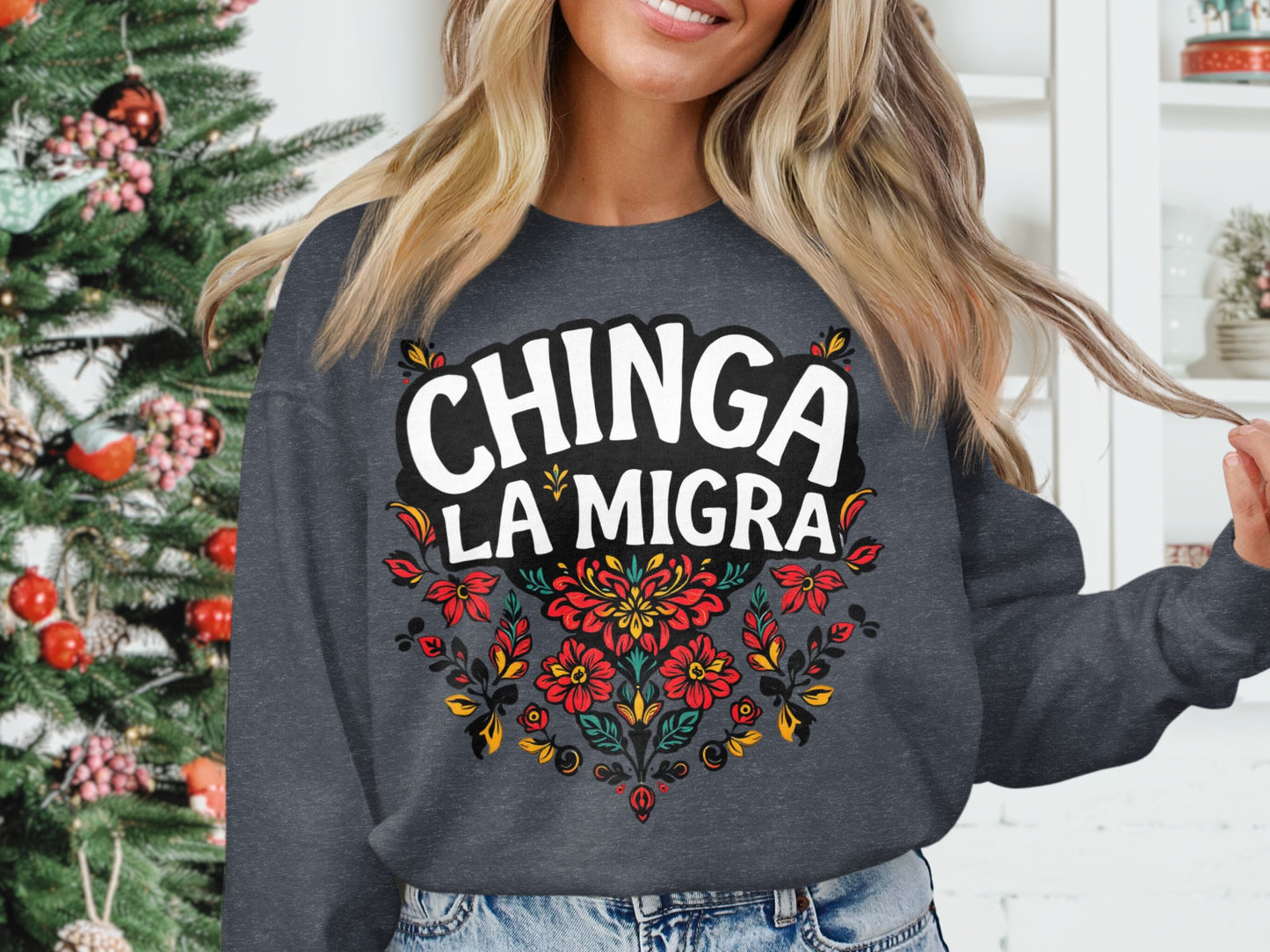 Chinga La Migra Graphic Floral Design Sweatshirt product