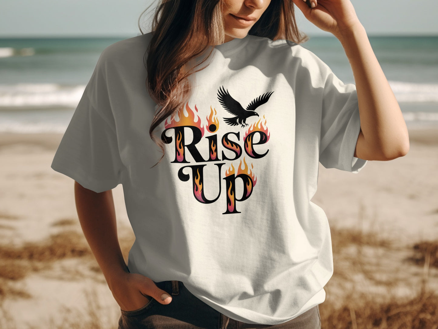 Rise Up Graphic Tee with Flames and Eagle Design product