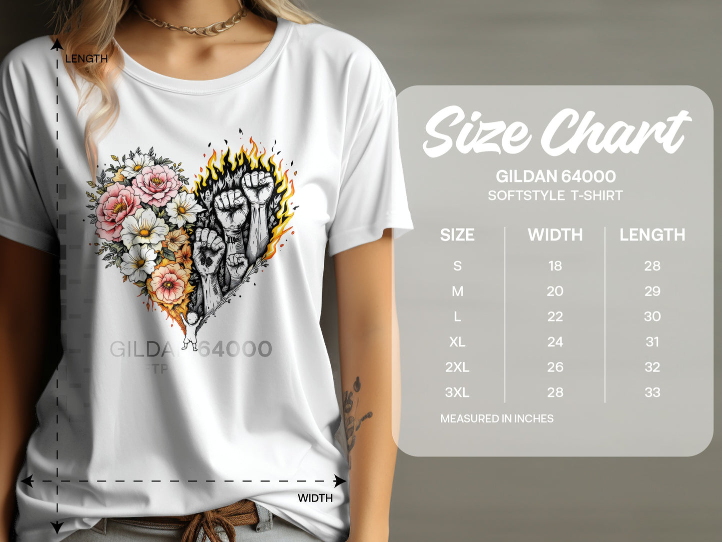 Floral Heart and Fist Design Gildan 64000 T-Shirt product