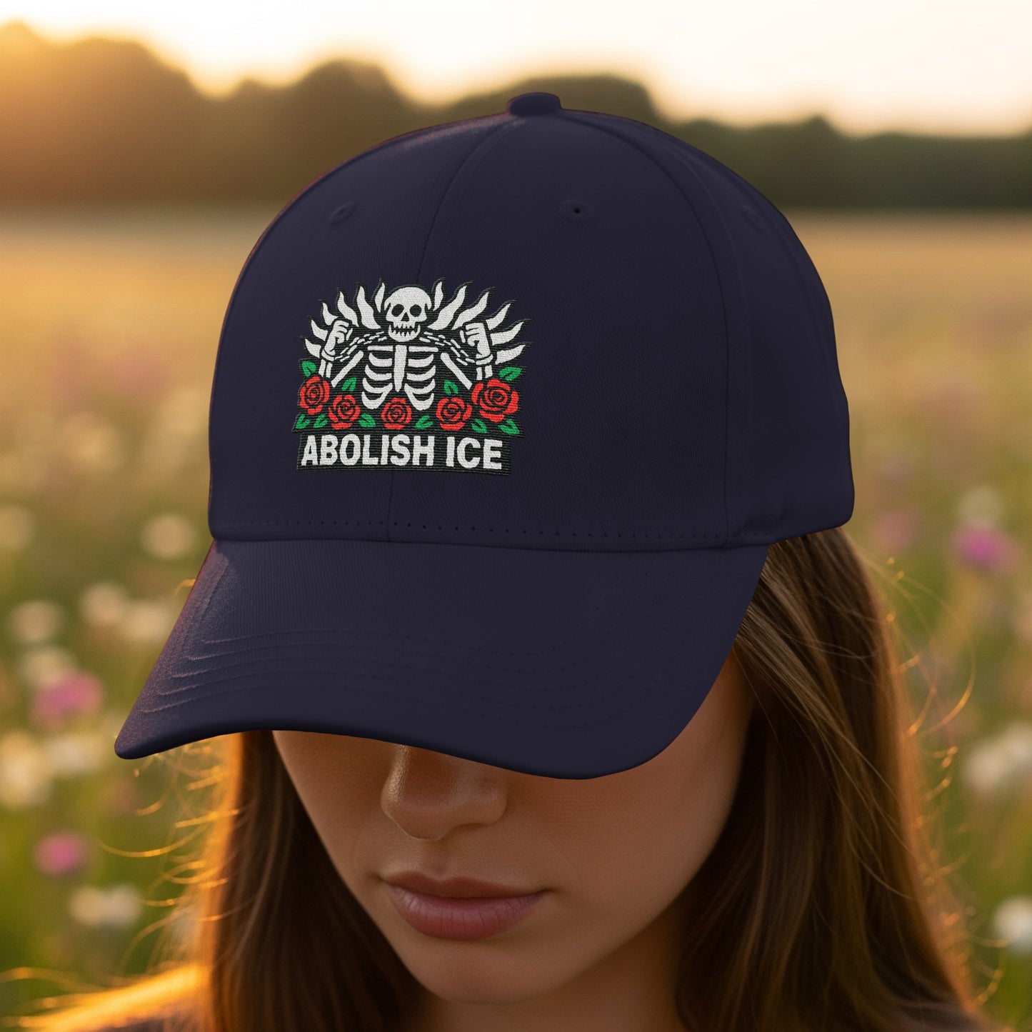 Abolish ICE Skeleton With Roses Embroidery Hat product type