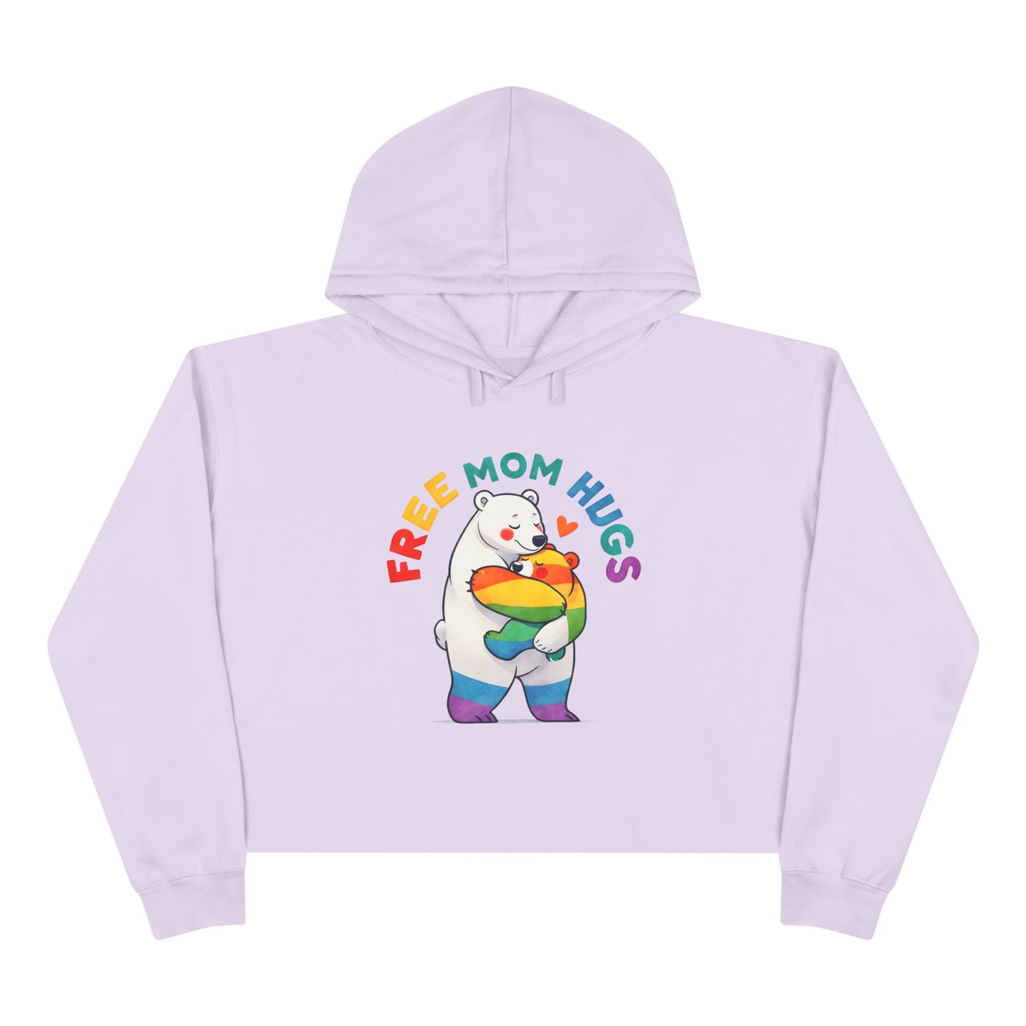 Colorful Bear 'Free Mom Hugs' Crop Hoodie | Fun, Cozy Gift for Moms, Pride, Celebrations, Casual Wear, Trendy Style