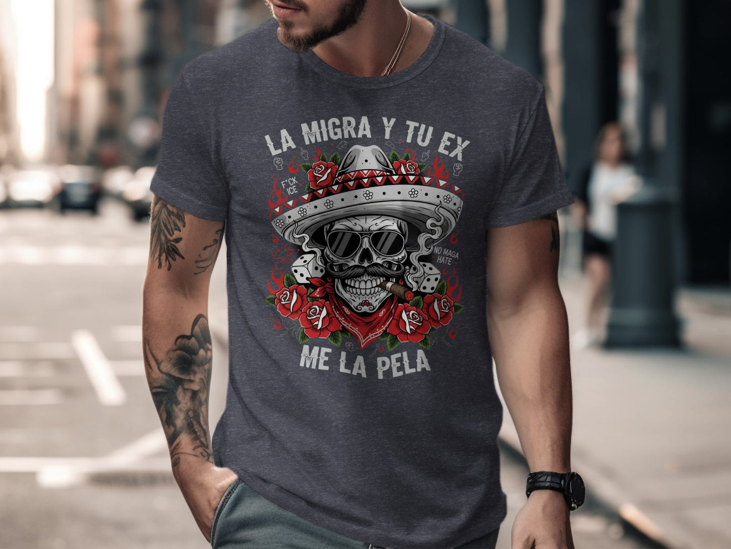 La Migra Y Tu Ex Me La Pela Skull Design Shirt Product