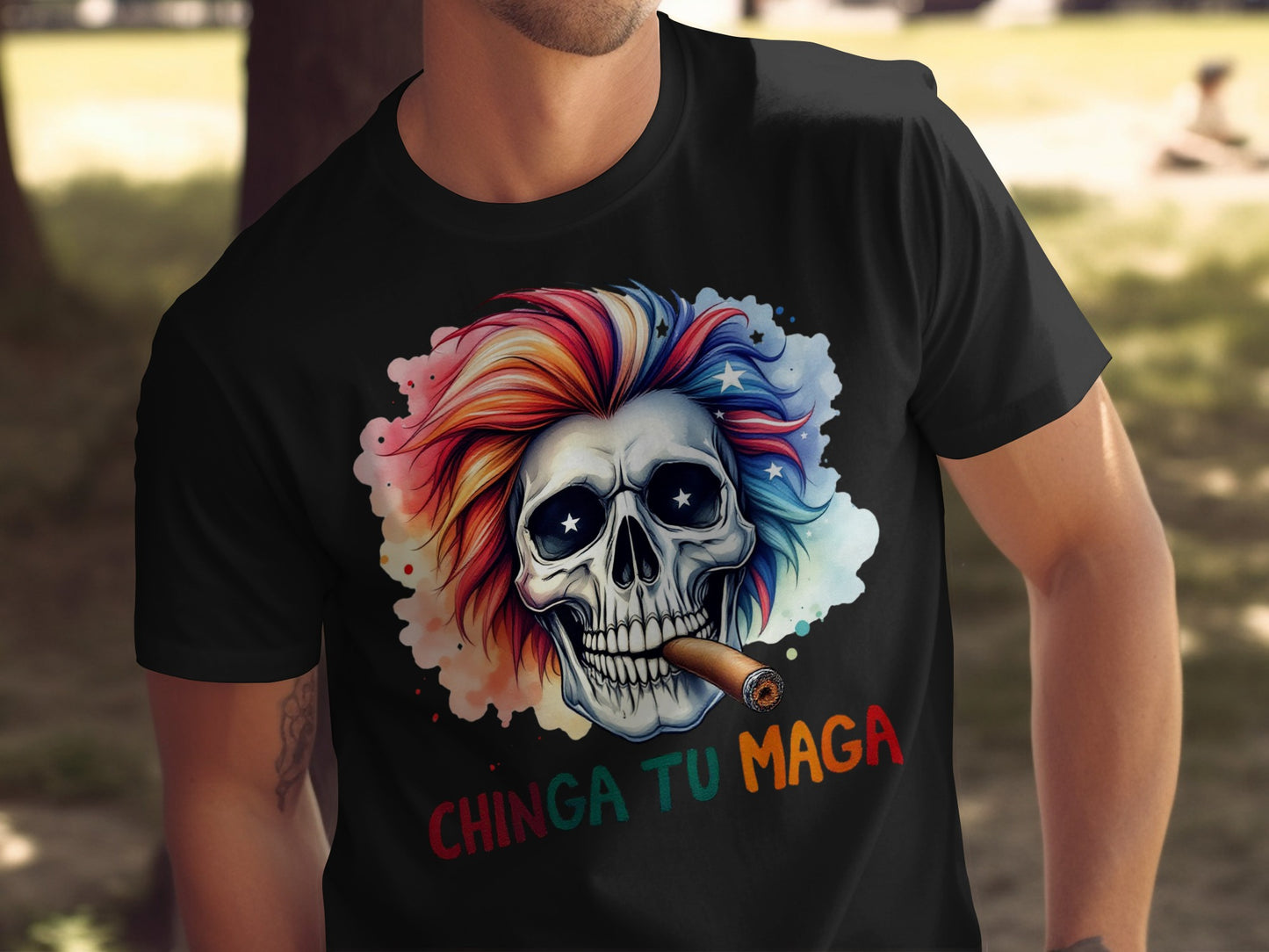 Colorful Skull with Cigar Chinga Tu Maga T-Shirt product
