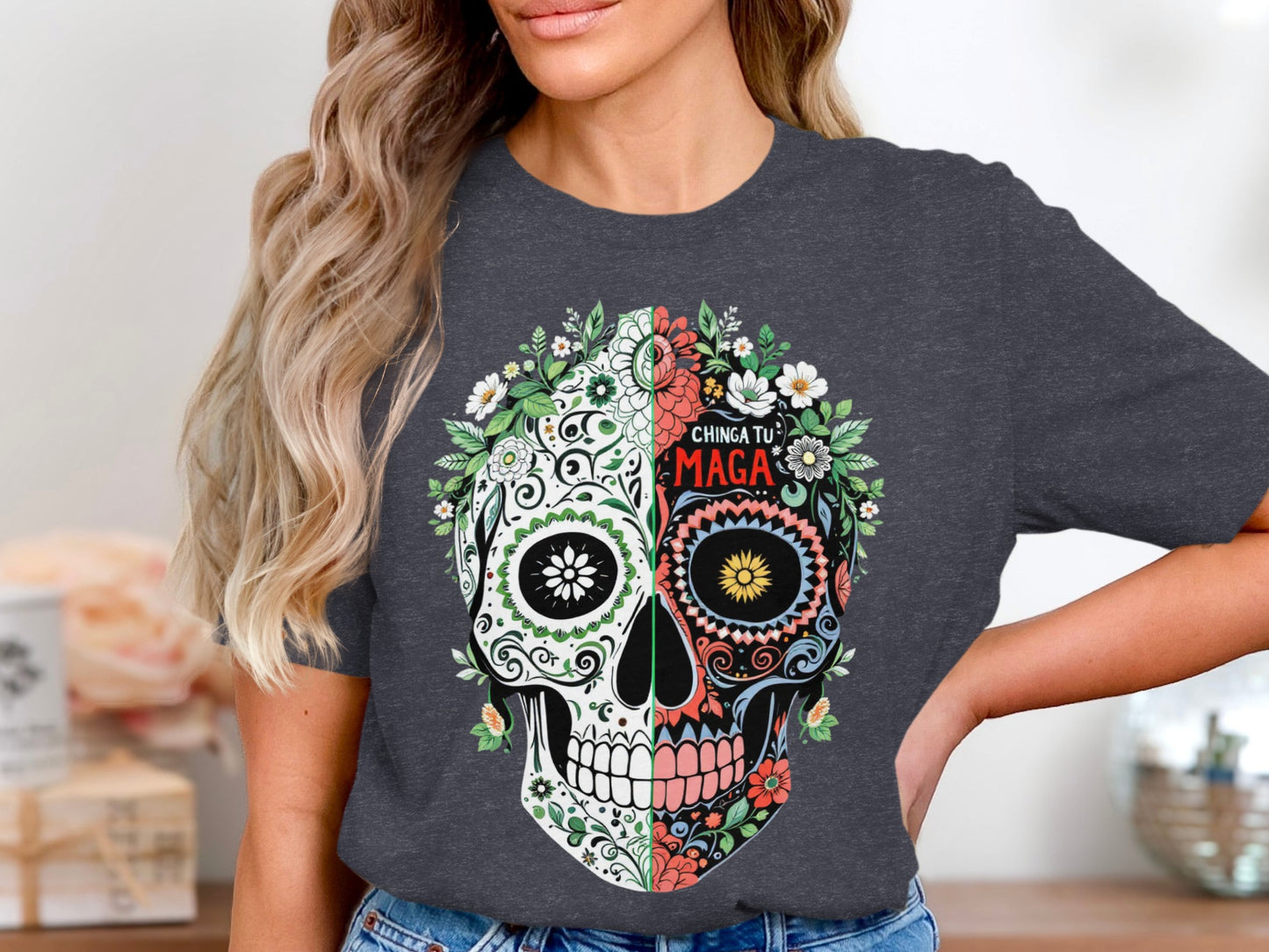 Chinga Tu Maga Floral Skull Graphic T-Shirt product