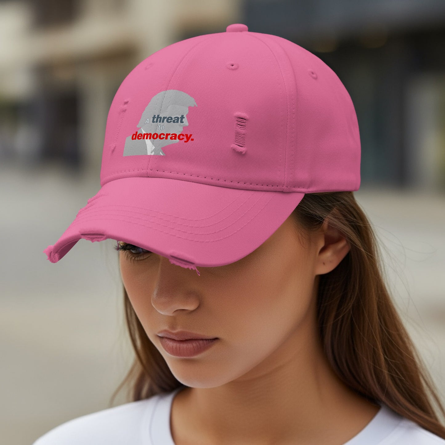 Pink Distressed Cap with Threat to Democracy Print product type