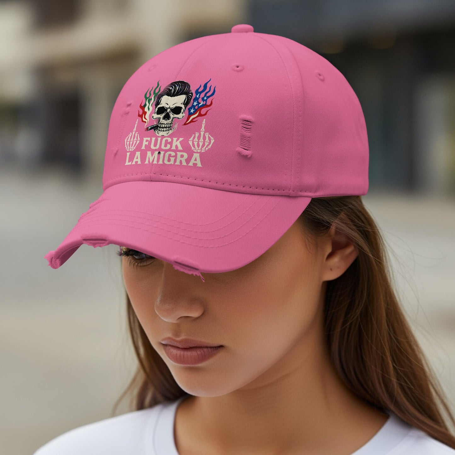 Stylish Pink Embroidered Fuck La Migra Hat product