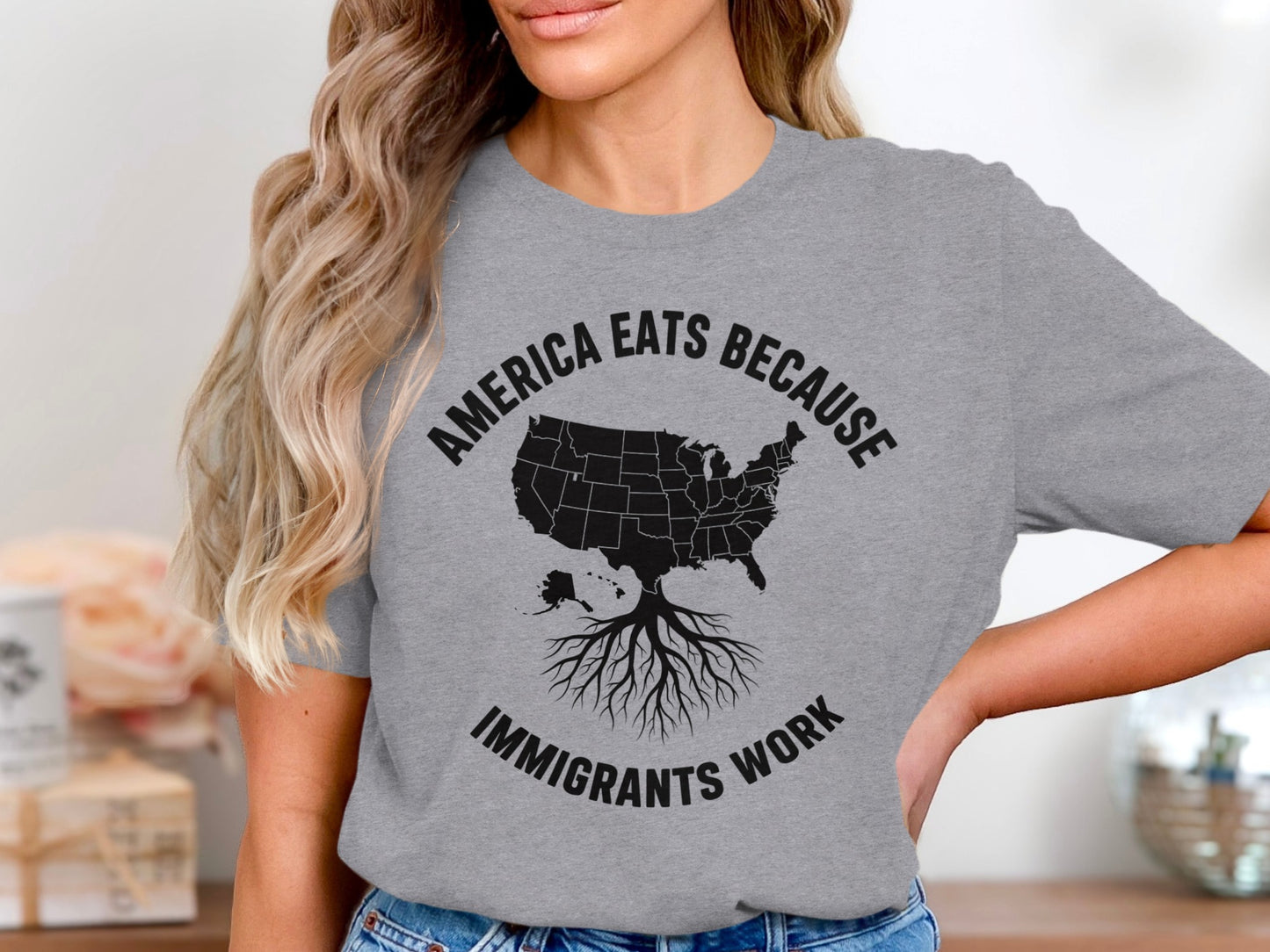 America Eats Because Immigrants Work graphic t-shirt