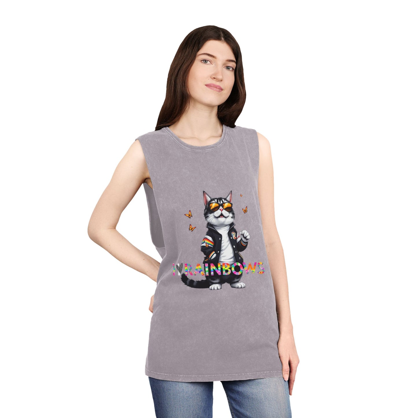 Unisex Stonewash Tank Top - Cute Cat with 'I Love Rainbows' Design