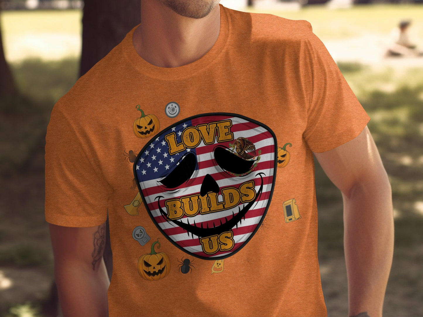 Love Builds Us Skull American Flag Design Shirt