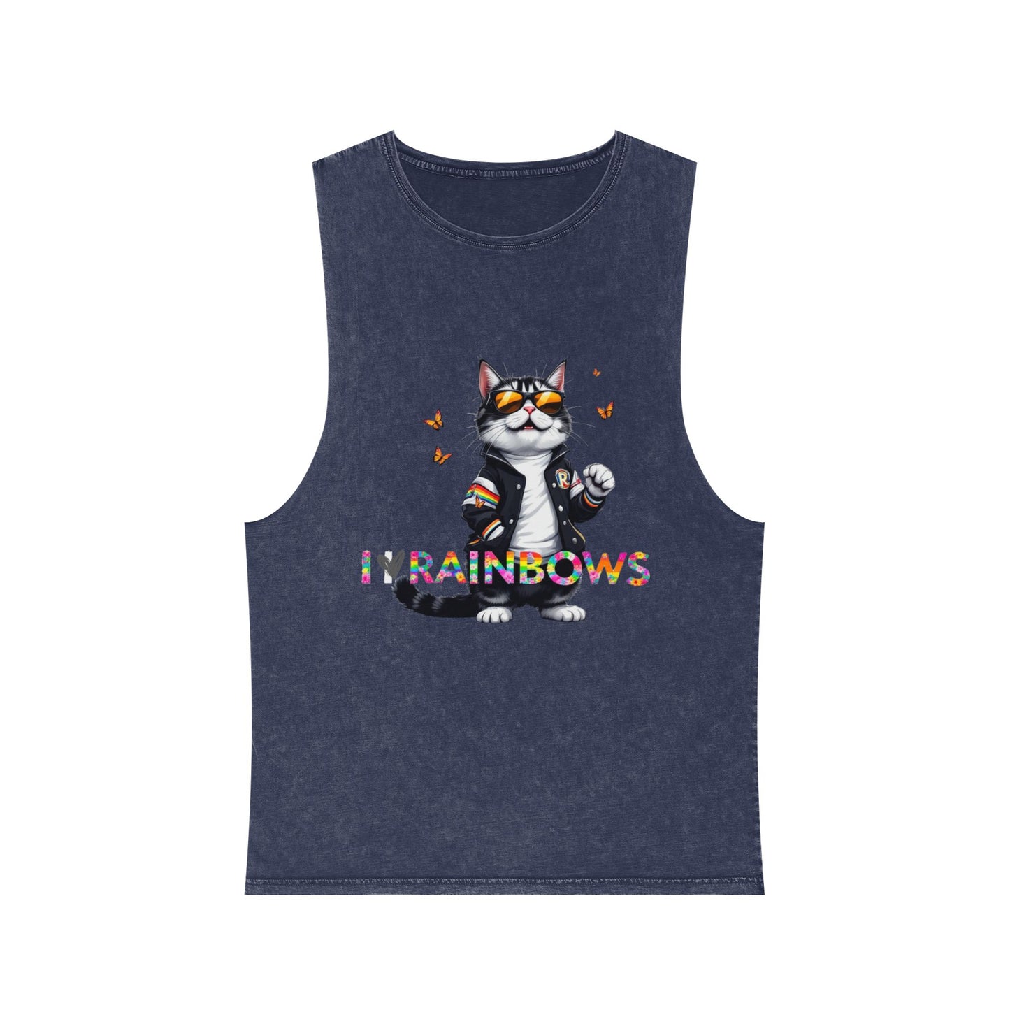Unisex Stonewash Tank Top - Cute Cat with 'I Love Rainbows' Design
