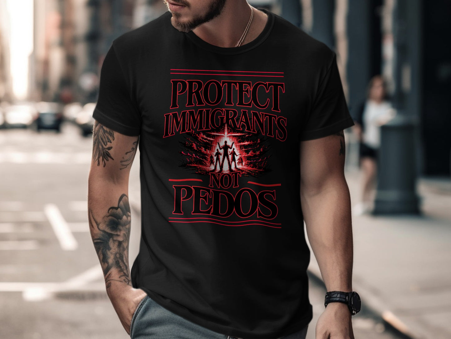 Black t-shirt with red text reading "PROTECT IMMIGRANTS NOT PEDOS".