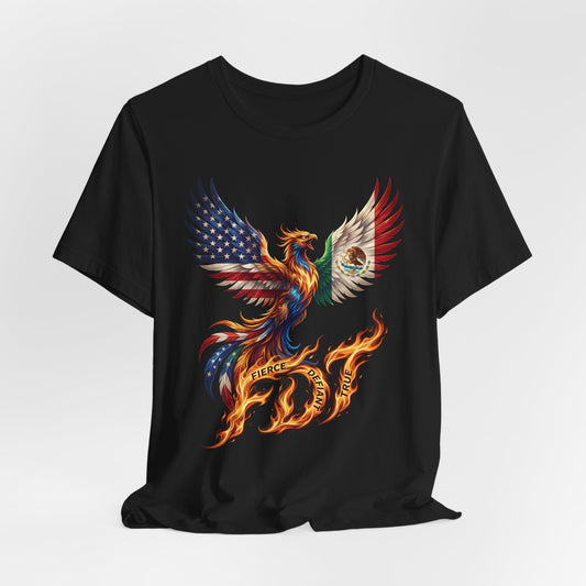 Black t-shirt with a patriotic phoenix made of US and Mexican flags.