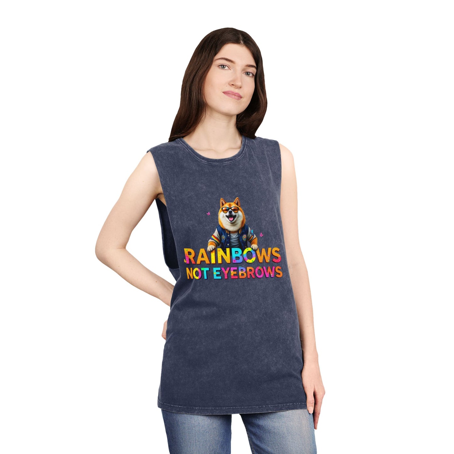 Unisex Stonewash Tank Top - 'Rainbows Not Eyebrows' Graphic Tee