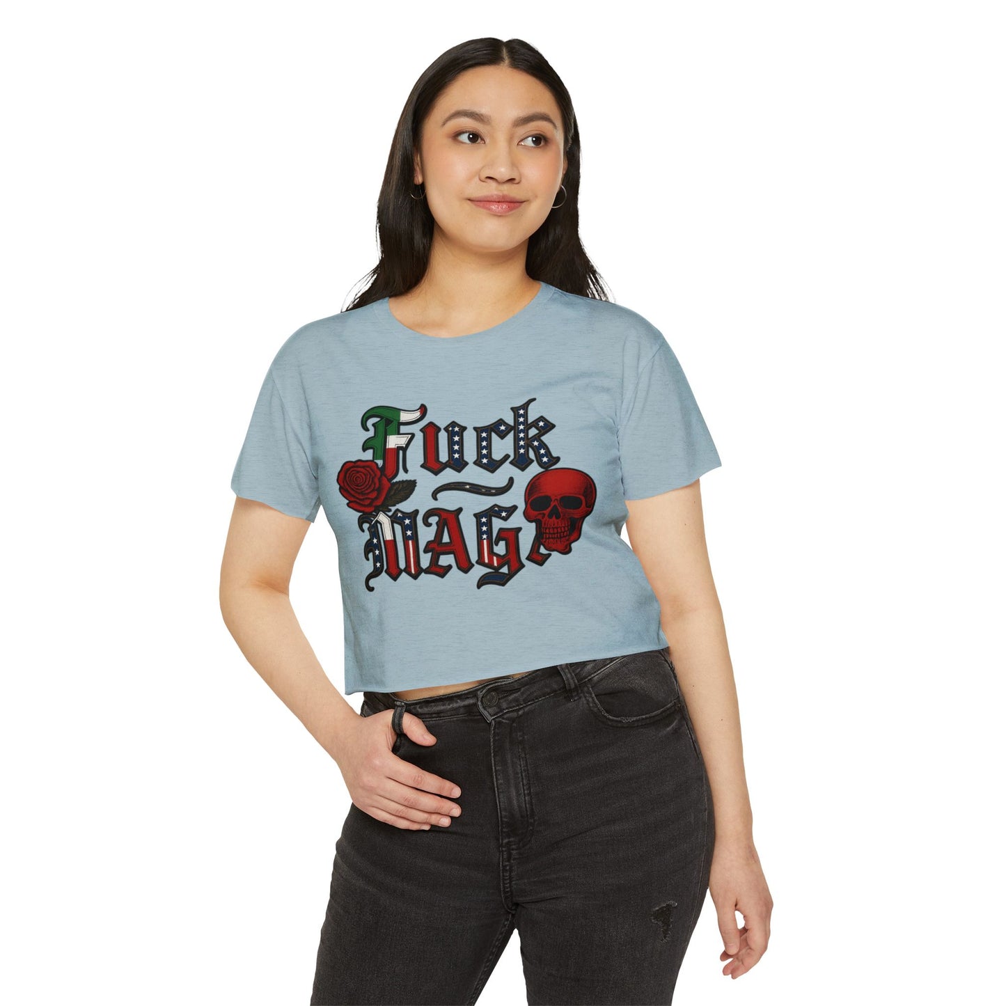 Crop Top Anti Trump FDT - Women's Festival Crop Top with Skull and Rose Design, Edgy Crop Tee, Summer Fest Outfit, Alternative Style Top, Concert Attire