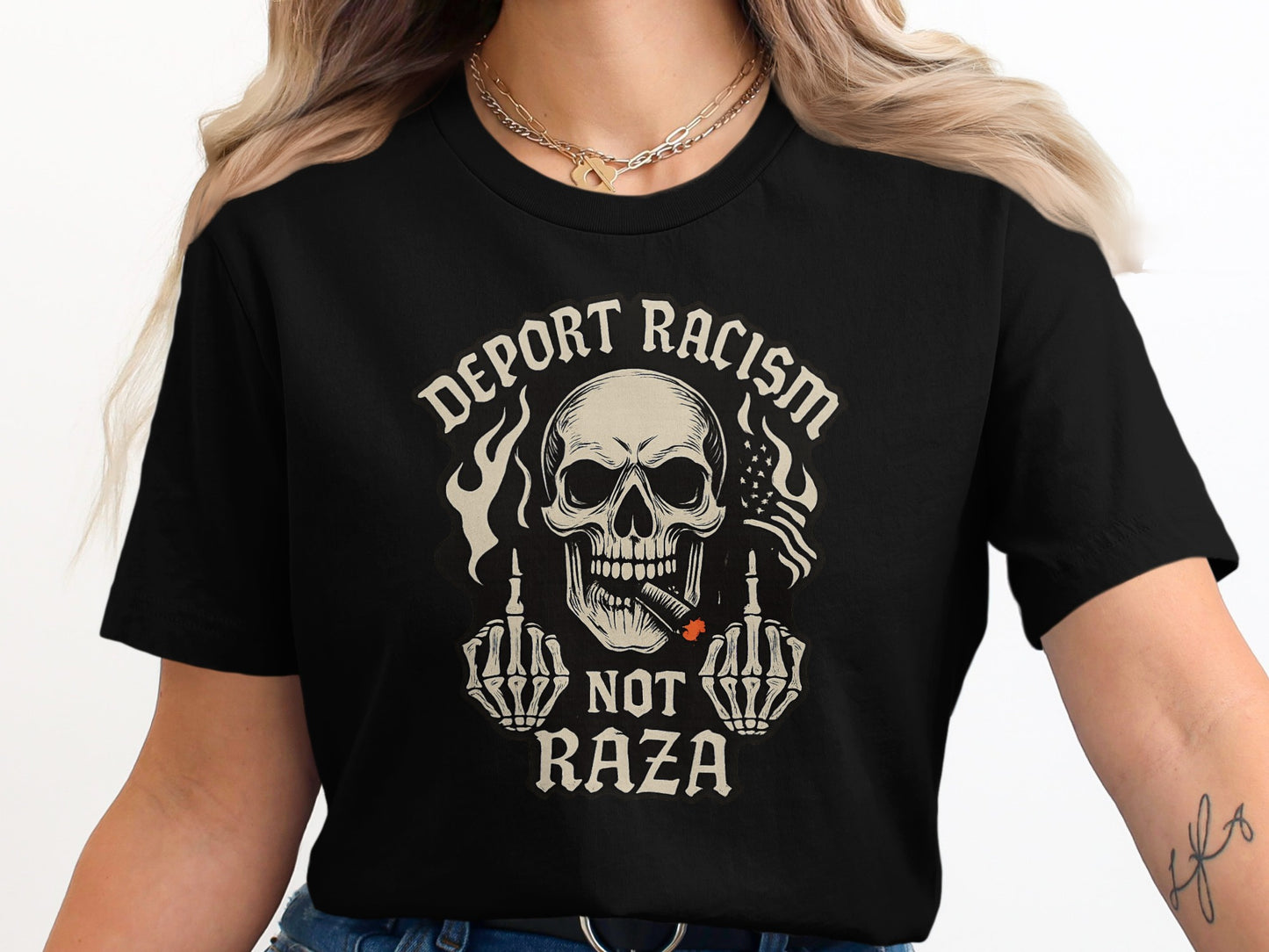 Deport Racism Not Raza Skull Graphic T-Shirt product