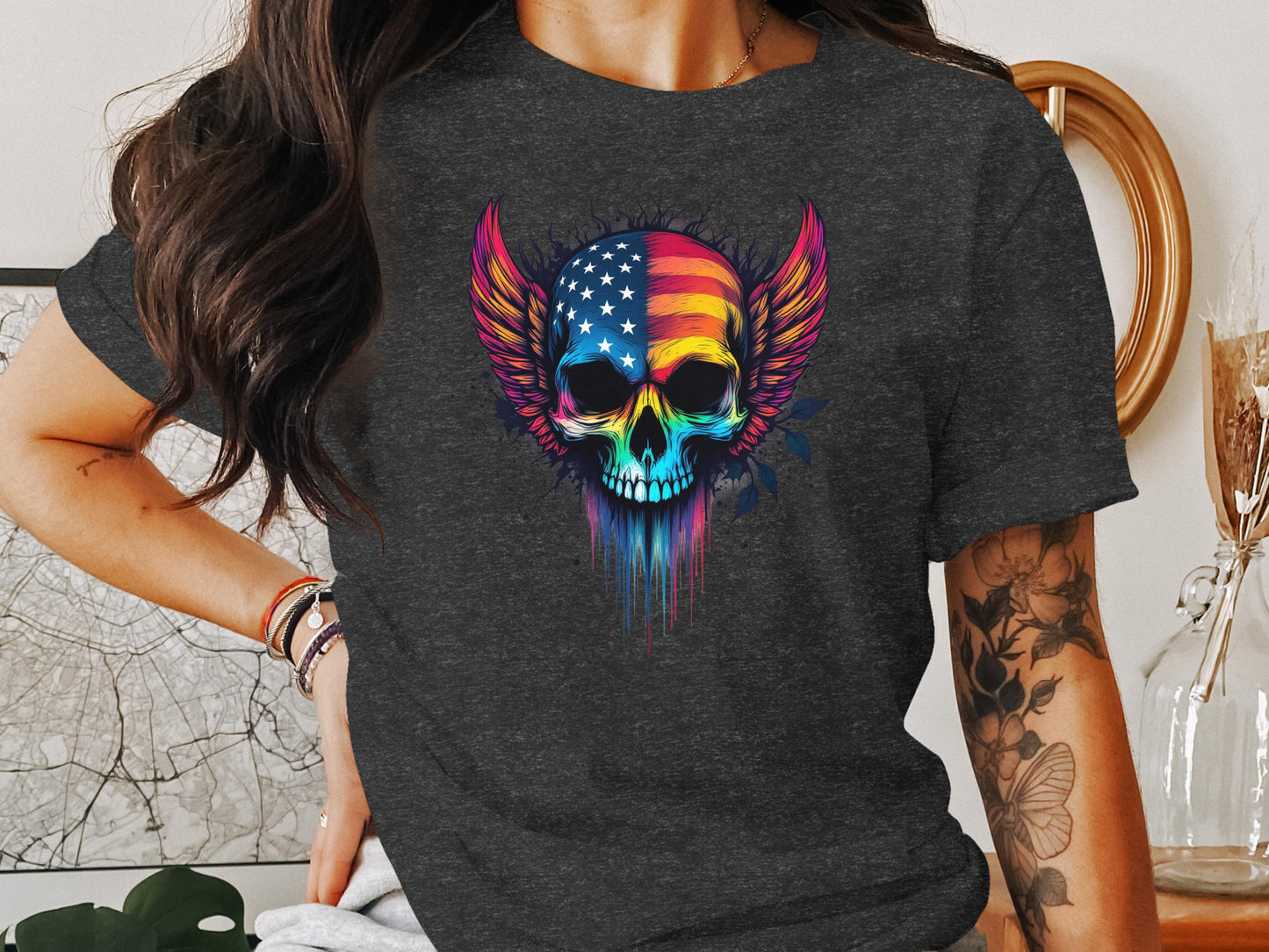Patriotic Skull with Colorful Wings Design T-shirt product