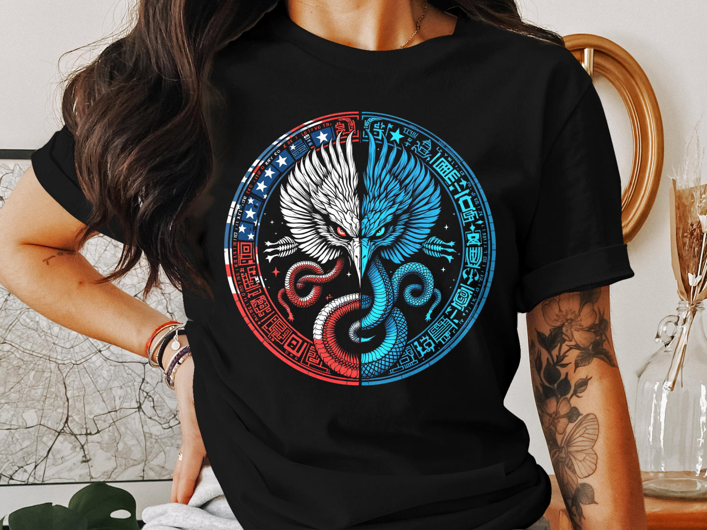 Intricate Yin Yang Eagle and Dragon Design Shirt product