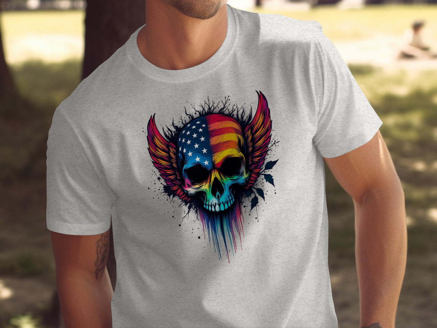 Patriotic Skull with Wing Design on T Shirt product