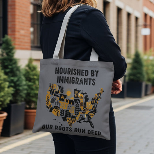Tote bag with US map design featuring agricultural icons and text "Nourished by Immigrants Our Roots Run Deep".