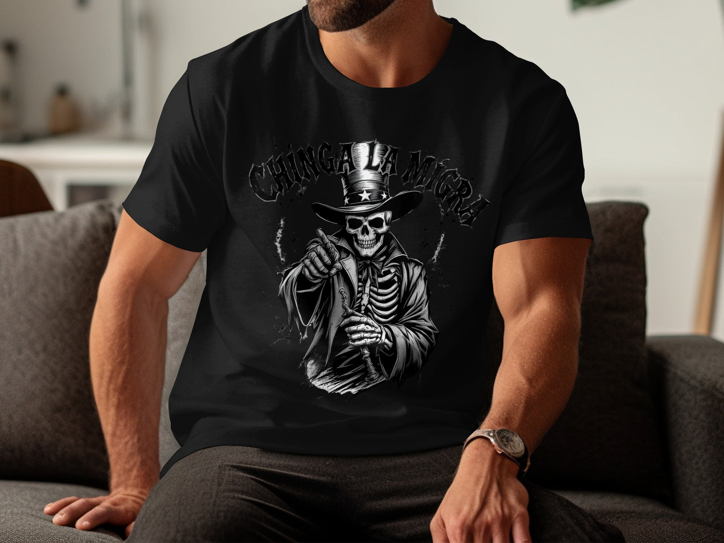 Chinga La Mera Skull Graphic Black T-Shirt product type