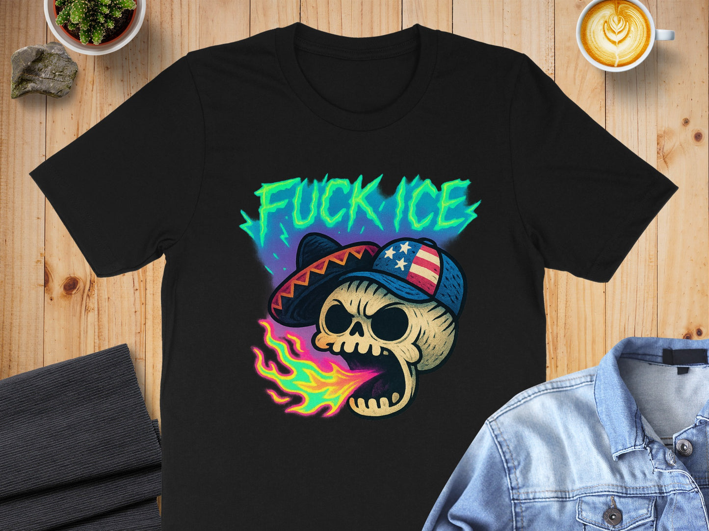 Flaming Skull with Hat Design T-Shirt product type