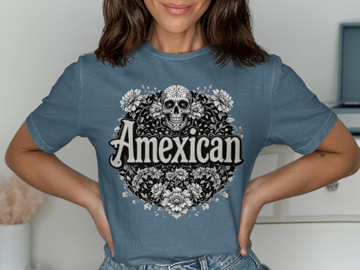 Amexican Skull Floral Graphic Tee Shirt product